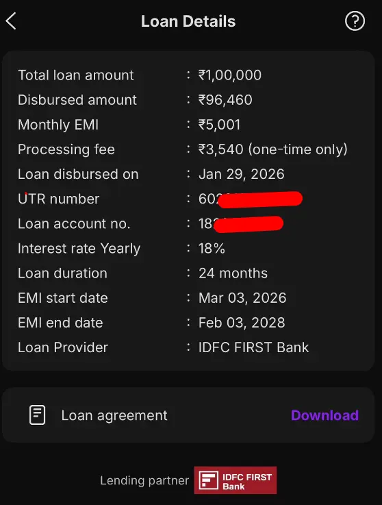 Phonepe loan details screenshot