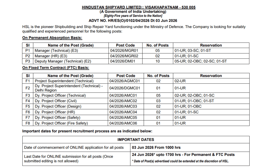 HSL Recruitment 2026 Hindustan Shipyard Visakhapatnam Apply Online